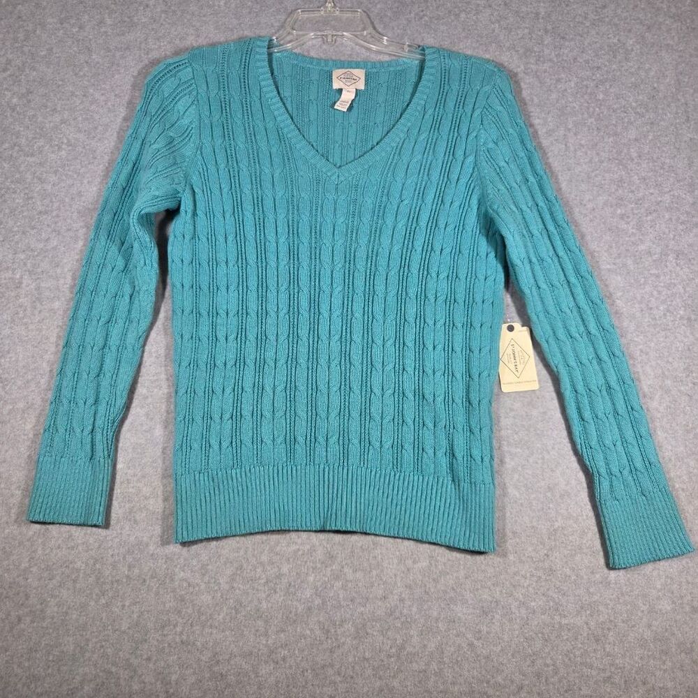 St John's Bay Cable Knit Sweater Womens PL Petite Large Teal V-Neck NWT Cotton